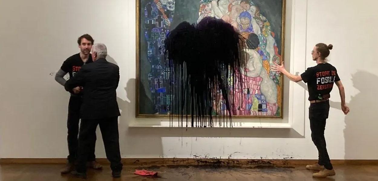 Ativistas ambientais jogaram líquido preto em quadro de Klimt, em Viena