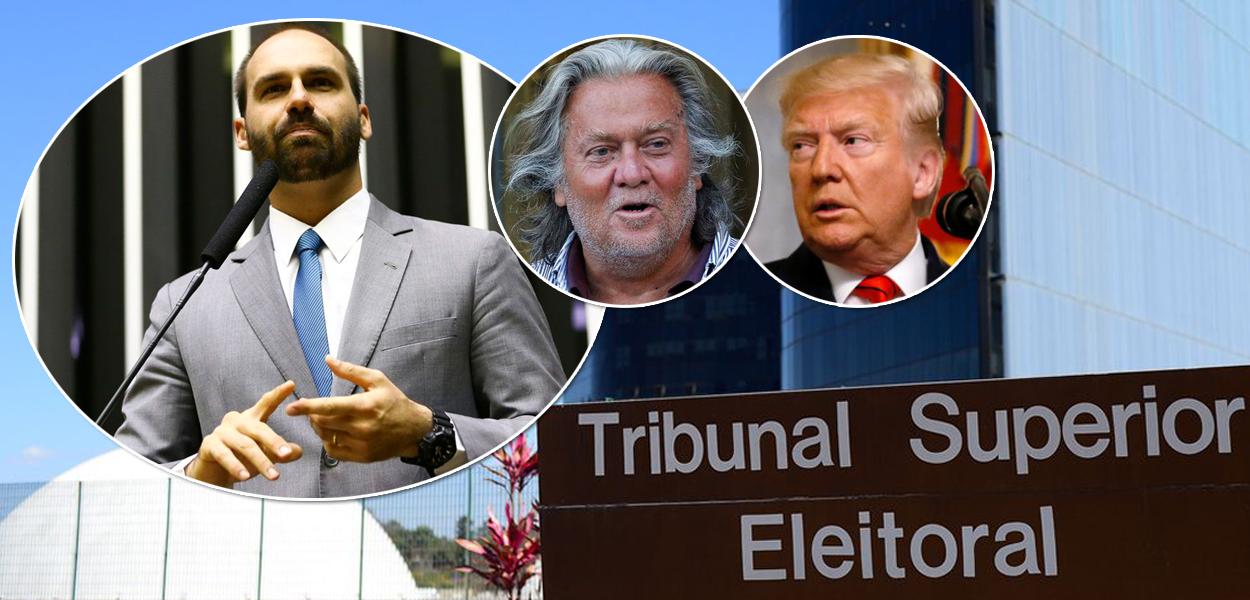 Da esq. para a dir.: Eduardo Bolsonaro, Steve Bannon e Donald Trump