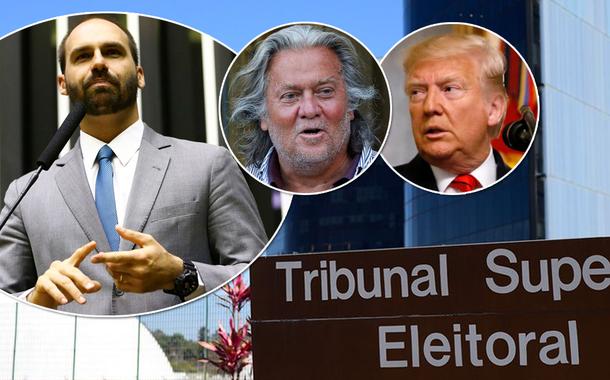 Da esq. para a dir.: Eduardo Bolsonaro, Steve Bannon e Donald Trump