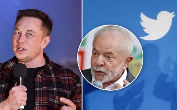 Elon Musk (à esq.), Luiz Inácio Lula da Silva e a marca do Twitter