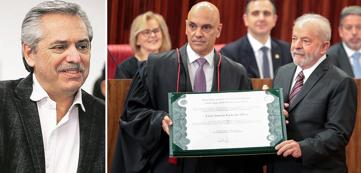 Alberto Fernández (à esq.) e Alexandre de Moraes diplomando Luiz Inácio Lula da Silva (PT)