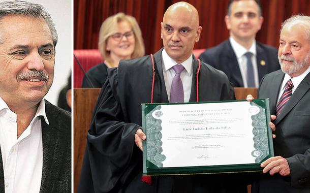 Alberto Fernández (à esq.) e Alexandre de Moraes diplomando Luiz Inácio Lula da Silva (PT)