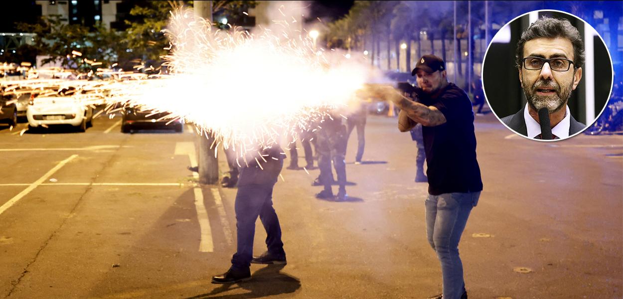 Protesto de bolsonaristas em Brasília e o deputado Marcelo Freixo (círculo)