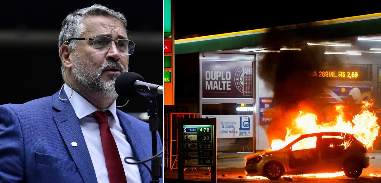 Paulo Pimenta | Carro é incendiado em frente à posto de gasolina na noite desta segunda-feira (12), em Brasília