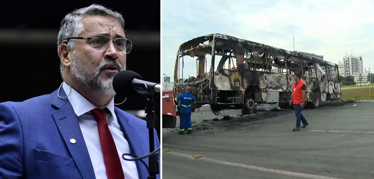 Paulo Pimenta | Ônibus queimado durante atos de vandalismo de bolsonaristas em Brasília, nesta segunda (12)