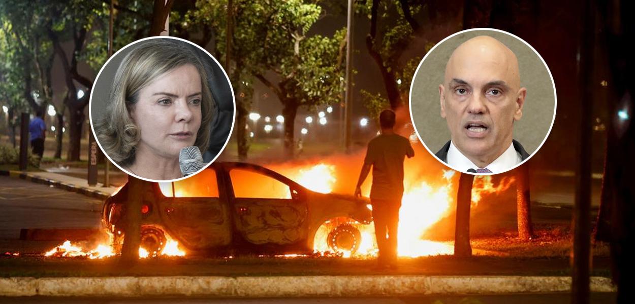 Gleisi Hoffmann, ato de vandalismo em Brasília e Alexandre de Moraes
