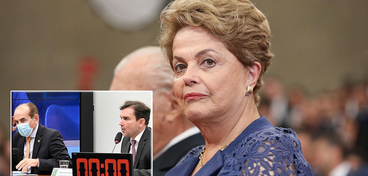 O relator do Orçamento, senador Marcelo Castro (de máscara), e o presidente da CMO, deputado Celso Sabino, e Dilma Rousseff