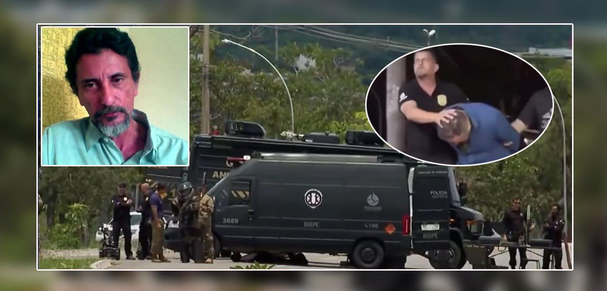 Jornalista Fernando Brito (canto superior, à esq.), área com suspeita de ataque terrorista em Brasília (DF) e o empresário bolsonarista George Washington sendo preso na capital federal (canto superior, à dir.)