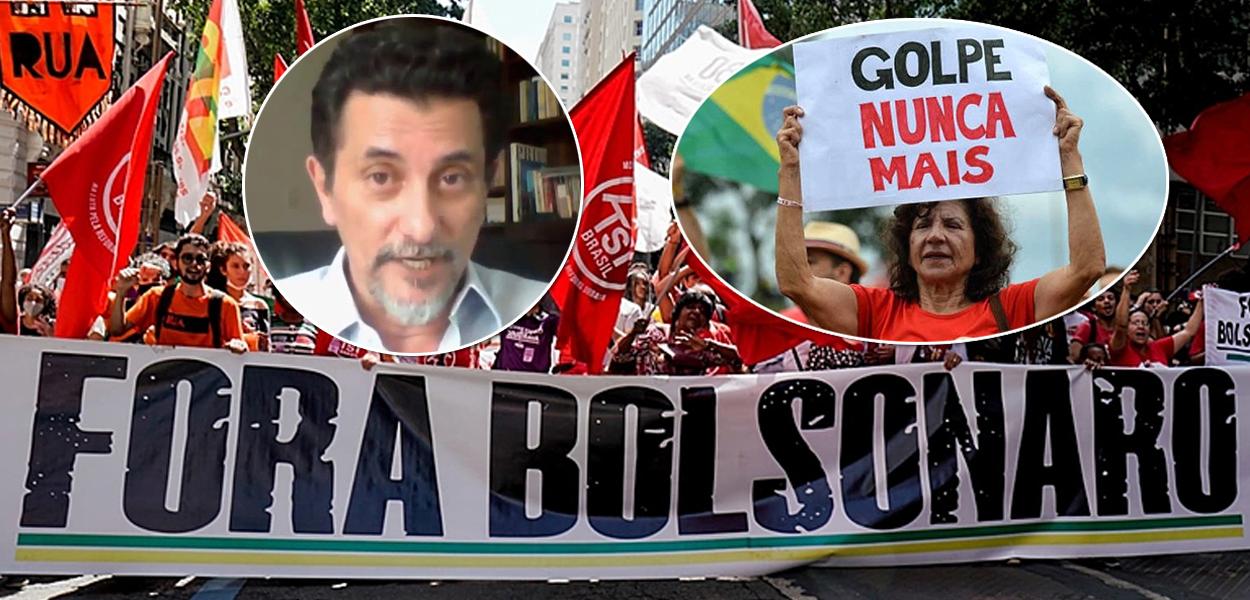 Fernando Brito, ato pelo impeachment de Jair Bolsonaro e uma manifestante contra atos que pedem intervenção militar, com o fechamento do Congresso e do STF