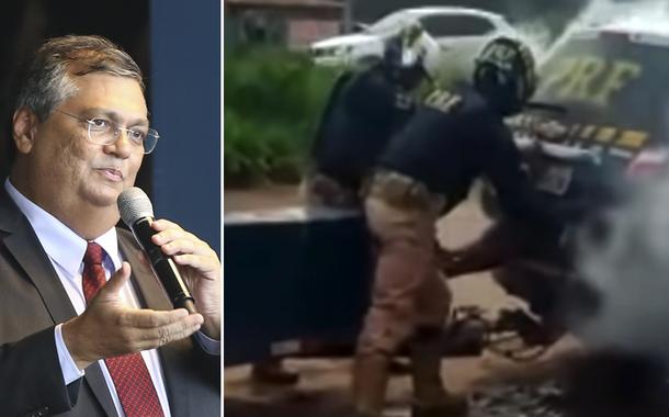 Flávio Dino e homem sendo asfixiado em carro da Polícia Rodoviária Federal