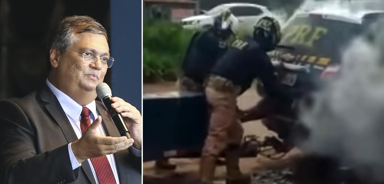 Flávio Dino e homem sendo asfixiado em carro da Polícia Rodoviária Federal