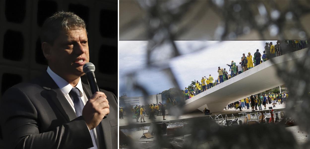 Tarcísio de Freitas e terroristas bolsonaristas em Brasília (Foto: Ciete Silvério/Governo do Estado de SP | REUTERS/Adriano Machado) Tarcísio de Freitas e terroristas bolsonaristas em Brasília