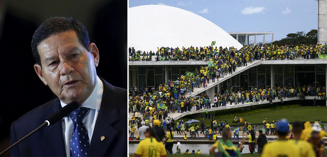 Hamilton Mourão (Republicanos-RS) e bolsonaristas invadindo a Praça dos Três Poderes, em Brasília