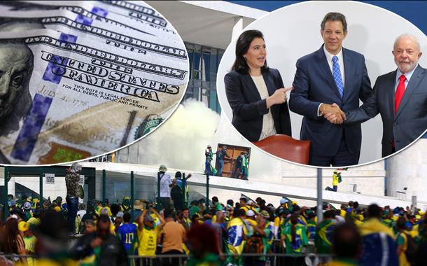 Dólar (no círculo, à esq.), a ministra do Planejamento, Simone Tebet, junto com o ministro da Fazenda, Fernando Haddad (gravata azul), e com o presidente Lula mais uma foto do terrorismo bolsonarista ao fundo