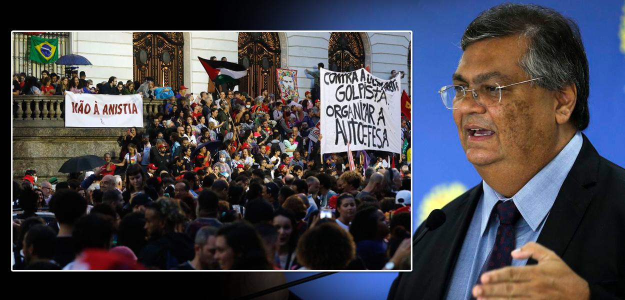 Atos pela democracia (à dir.) e o ministro Flávio Dino