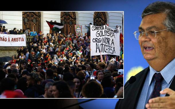 Atos pela democracia (à dir.) e o ministro Flávio Dino