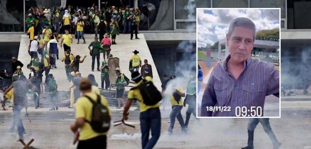 Invasão de bolsonaristas na Praça dos Três Poderes e o general Braga Netto (quadrado, na foto)