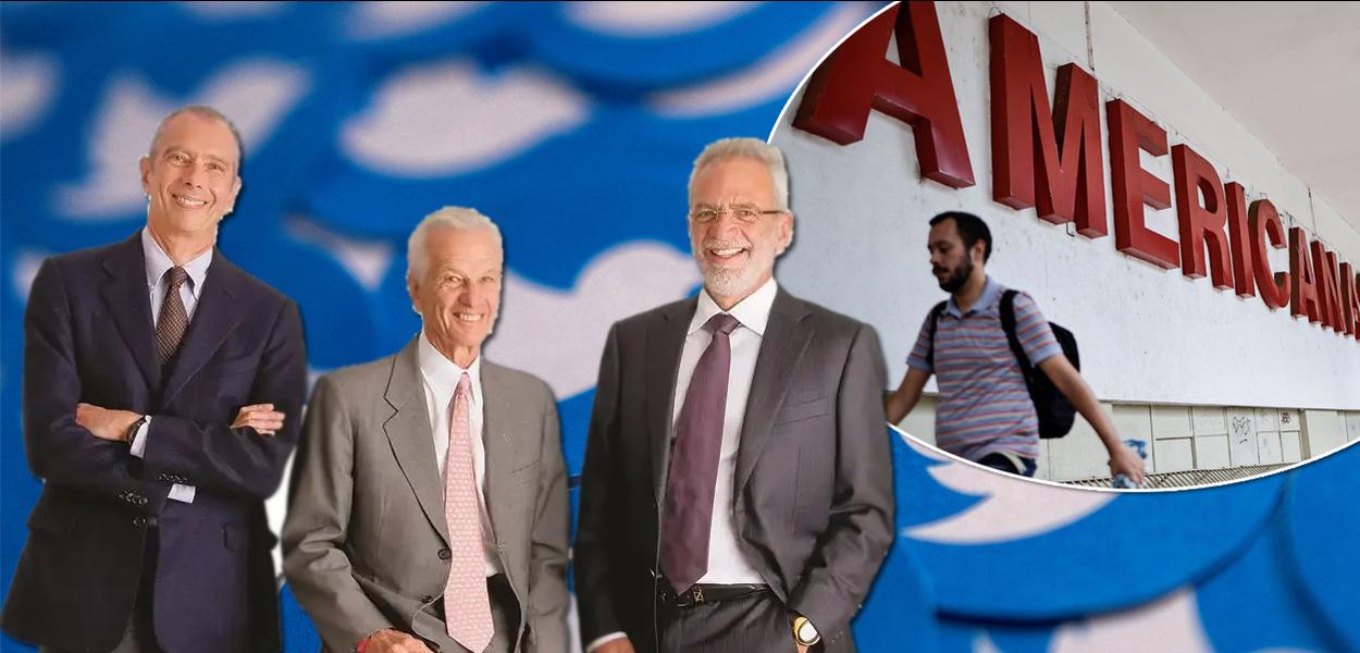 Da esq. para a dir.: os empresários brasileiros Carlos Alberto Sicupira, Jorge Paulo Lemann e Marcel Telles mais a marca do Twitter a fundo e as Lojas Americanas