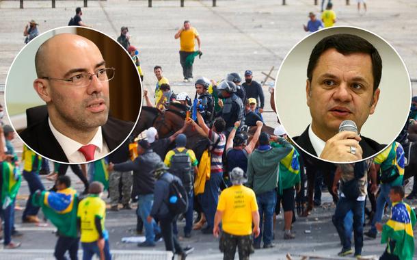 Fernando de Sousa Oliveira (à esq., no círculo), Anderson Torres e uma foto de bolsonaristas fazendo protestos favoráveis a um golpe no Brasil