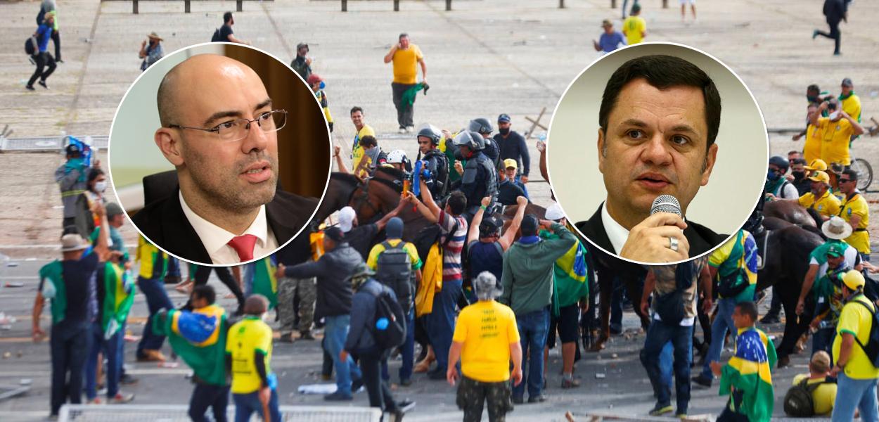 Fernando de Sousa Oliveira (à esq., no círculo), Anderson Torres e uma foto de bolsonaristas fazendo protestos favoráveis a um golpe no Brasil