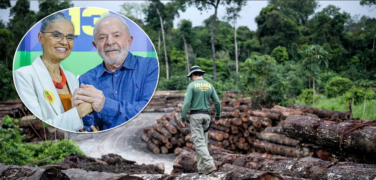 Marina Silva (ministra do Meio Ambiente), o presidente Luiz Inácio Lula da Silva e uma ação policial na Amazônia