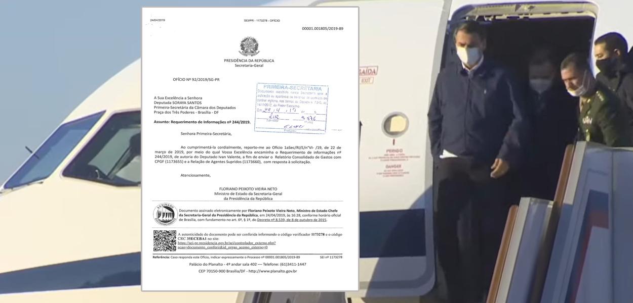 Documento (à esq.) e , ao fundo, Jair Bolsonaro saindo de um avião da FAB