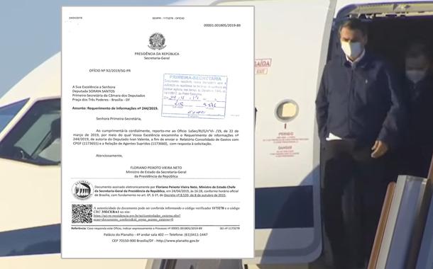 Documento (à esq.) e , ao fundo, Jair Bolsonaro saindo de um avião da FAB