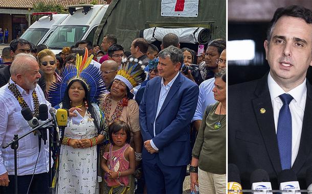 Presidente Lula e ministro durante visita ao povo Yanomami e Rodrigo Pacheco