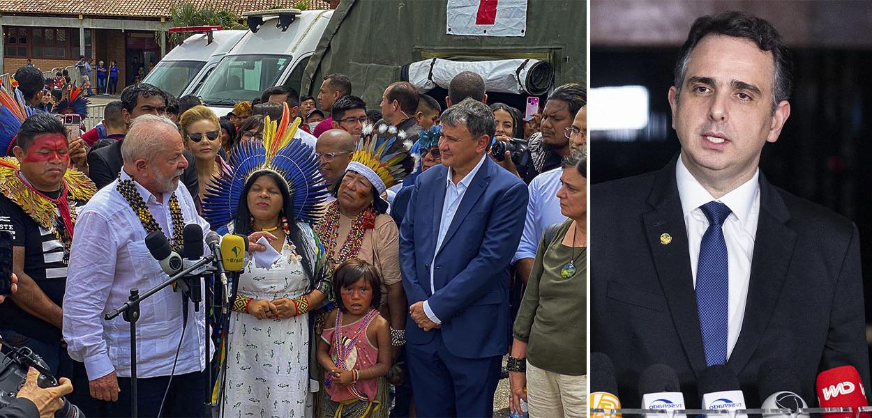 Presidente Lula e ministro durante visita ao povo Yanomami e Rodrigo Pacheco