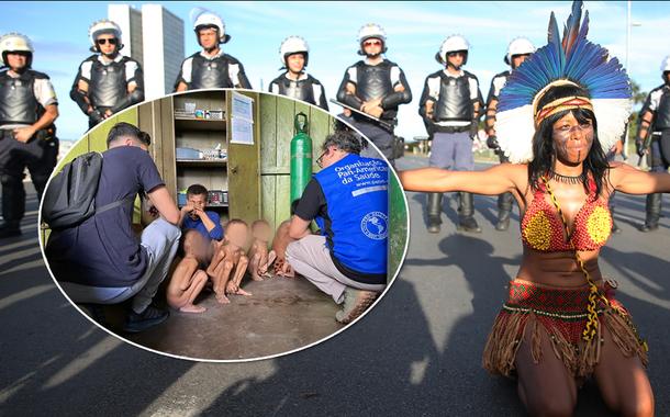 Índios desnutridos em Roraima (círculo) e um protesto de indígena contra o governo Jair Bolsonaro