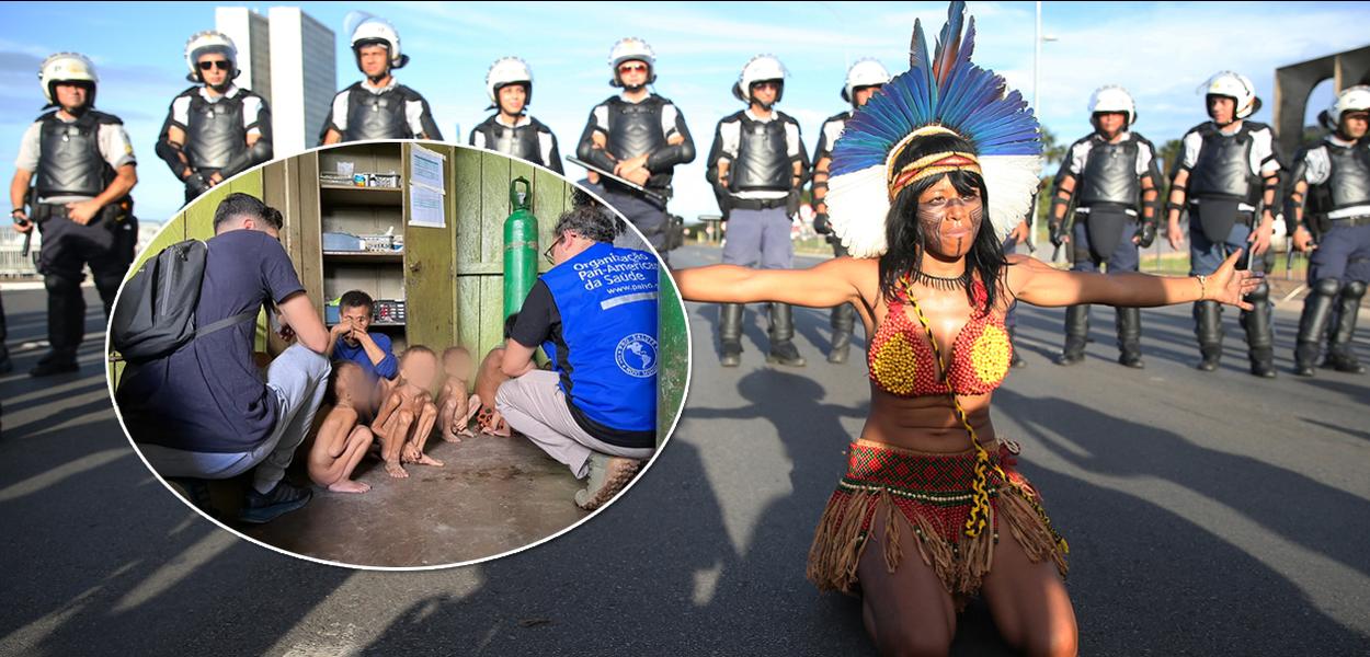 Índios desnutridos em Roraima (círculo) e um protesto de indígena contra o governo Jair Bolsonaro