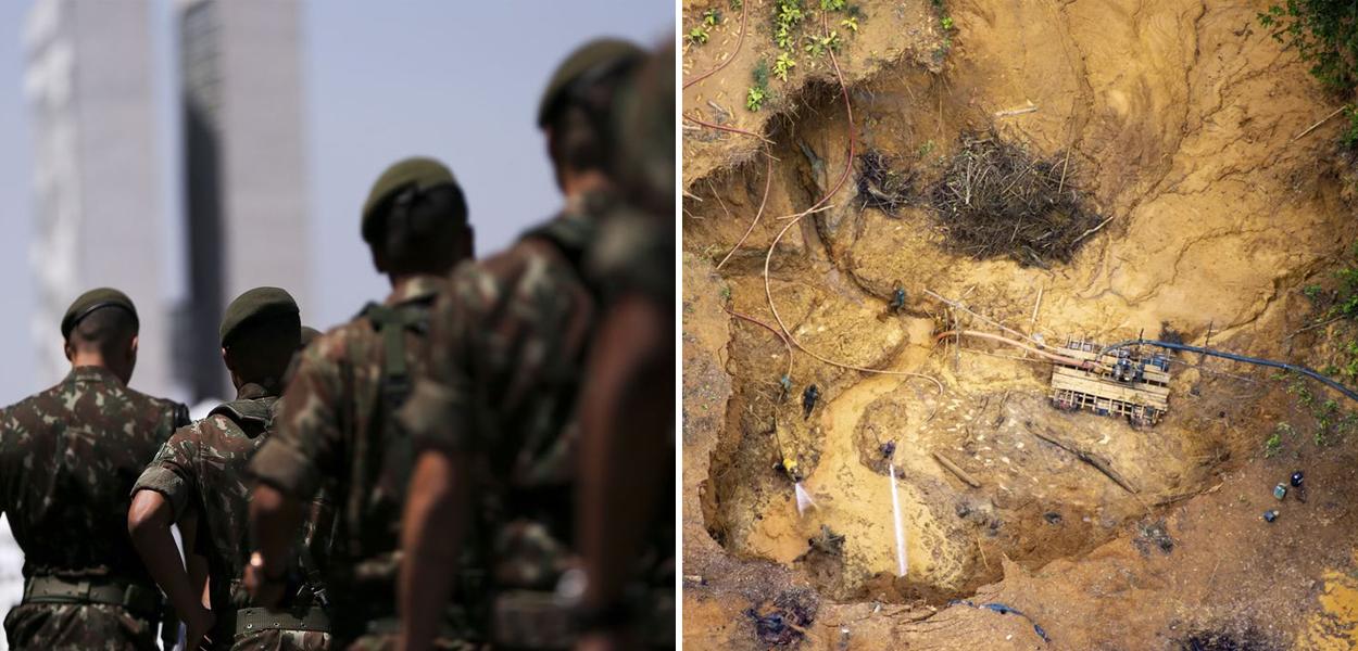 Militares e cratera em acampamento de garimpo na Terra Indígena Ianomami