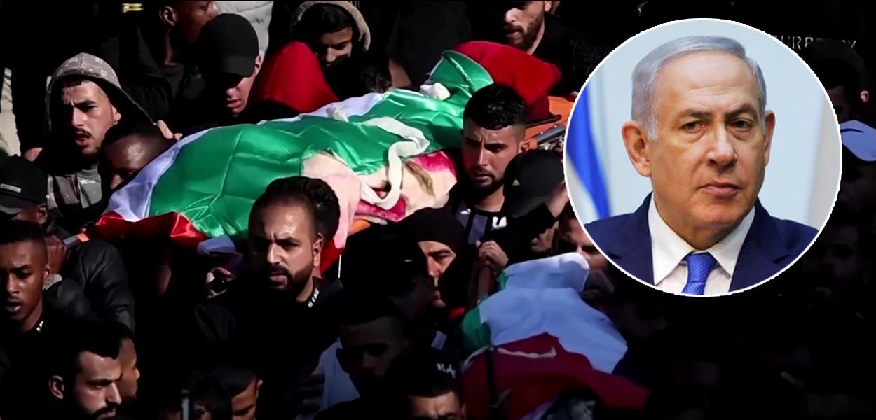 Palestinos durante funeral e Benjamin Netanyahu