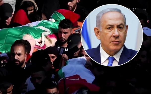 Palestinos durante funeral e Benjamin Netanyahu