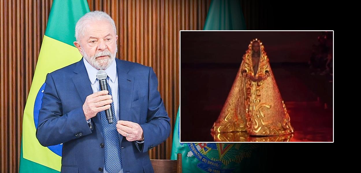 Presidente Lula e modelo vestida de santa brasileira na Semana de Alta Costura em Paris