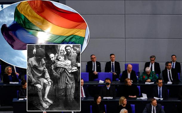 Bandeira LGBT, vítimas do Holocausto (no quadrado) e uma homenagem feita no Parlamento alemão