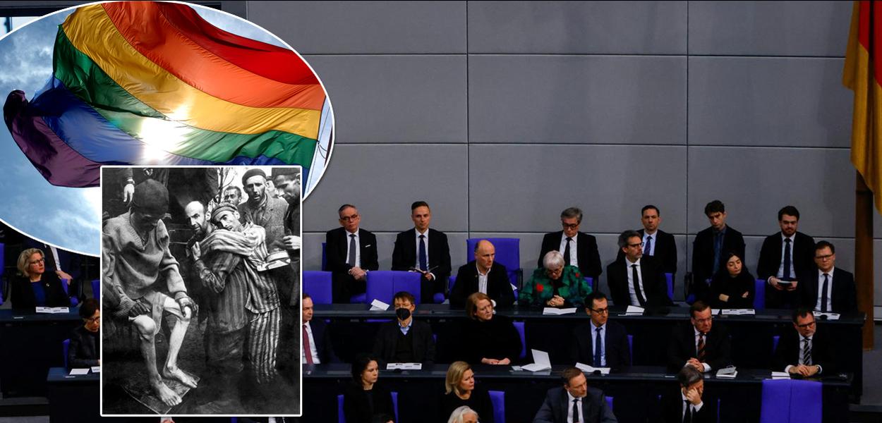 Bandeira LGBT, vítimas do Holocausto (no quadrado) e uma homenagem feita no Parlamento alemão