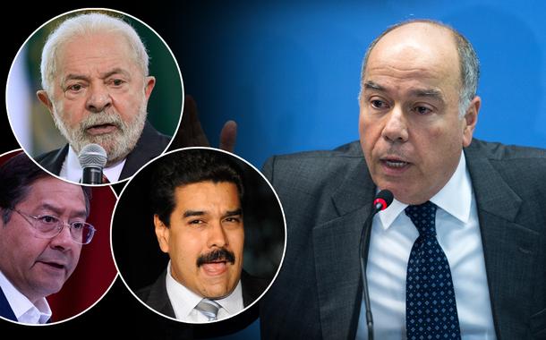 Os presidentes da Bolívia, Luis Arce (círculo, embaixo), do Brasil, Luiz Inácio Lula da Silva (círculo, em cima), da Venezuela, Nicolas Maduro, e o chanceler brasileiro, Mauro Vieira