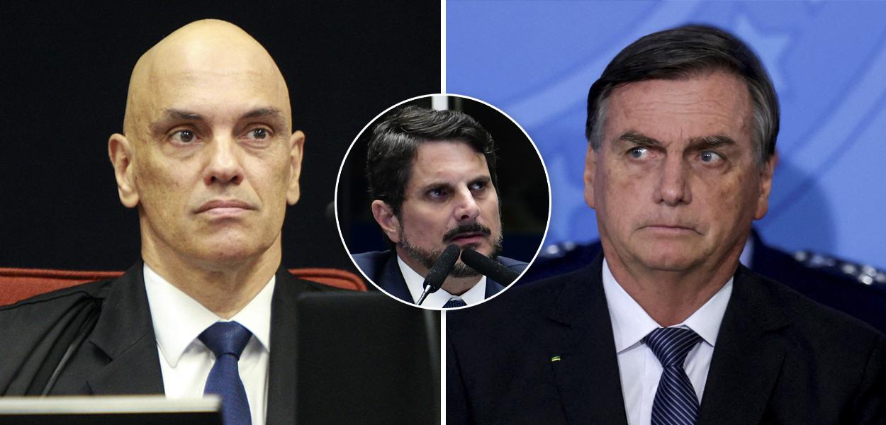 Alexandre de Moraes, presidente do TSE e ministro do STF (à esq.), senador Marcos do Val (círculo) e Jair Bolsonaro