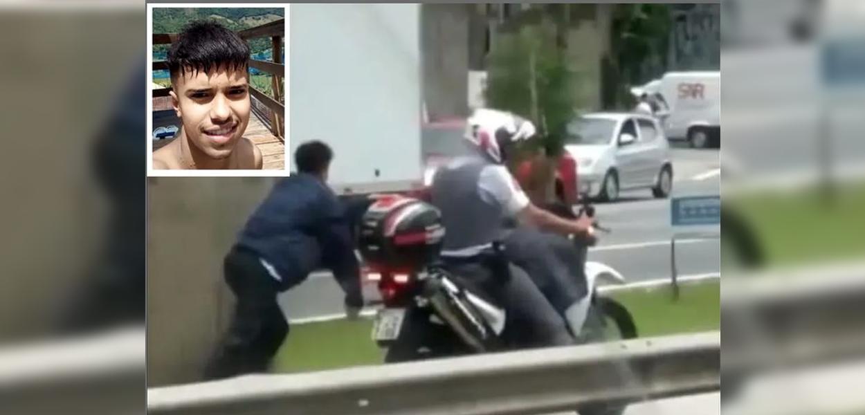 Jhonny Ítalo da Silva no detalhe e ele algemado sendo puxado por um policial militar numa moto em São Paulo (Foto: Divulgação | Reprodução) Jhonny Ítalo da Silva no detalhe e ele algemado sendo puxado por um policial militar numa moto em São Paulo