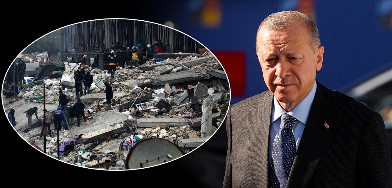 Destroços e o presidente turco, Recep Tayyip Erdogan