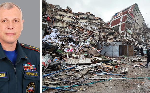 Alexander Chupriyan, vice-ministro de emergências (à esq.), e destroços na Turquia