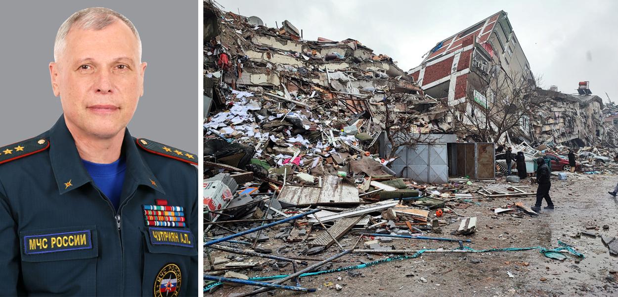 Alexander Chupriyan, vice-ministro de emergências (à esq.), e destroços na Turquia