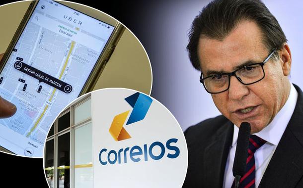 Ministro do Trabalho, Luiz Marinho, e logos do Uber e dos Correios