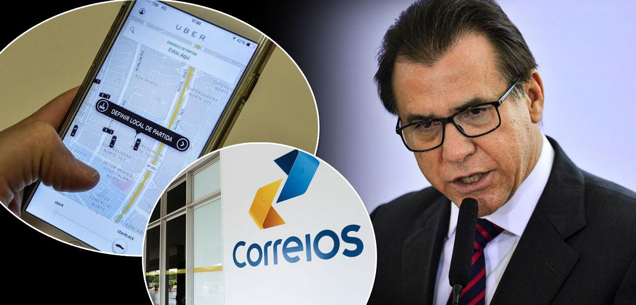 Ministro do Trabalho, Luiz Marinho, e logos do Uber e dos Correios