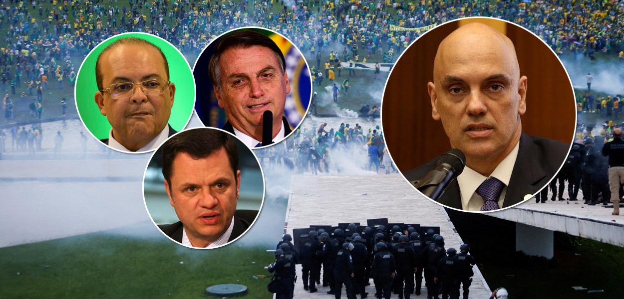 Ibaneis Rocha (círculo, em cima, à esq.), Anderson Torres (círculo embaixo), Jair Bolsonaro e Alexandre de Moraes (à dir., afastado das outras três fotos)