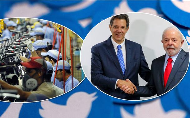 Twitter de fundo, trabalhadores no setor industrial, Fernando Haddad, ministro da Economia (gravata azul), e Luiz Inácio Lula da Silva