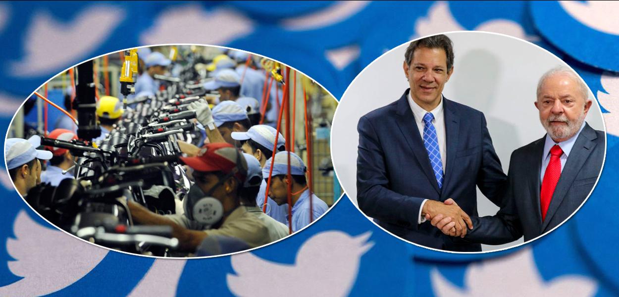 Twitter de fundo, trabalhadores no setor industrial, Fernando Haddad, ministro da Economia (gravata azul), e Luiz Inácio Lula da Silva