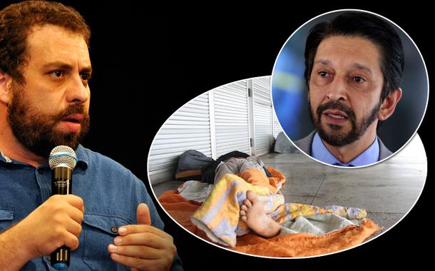 Guilherme Boulos (à esq.), morador de rua na cidade de SP e o prefeito Ricardo Nunes