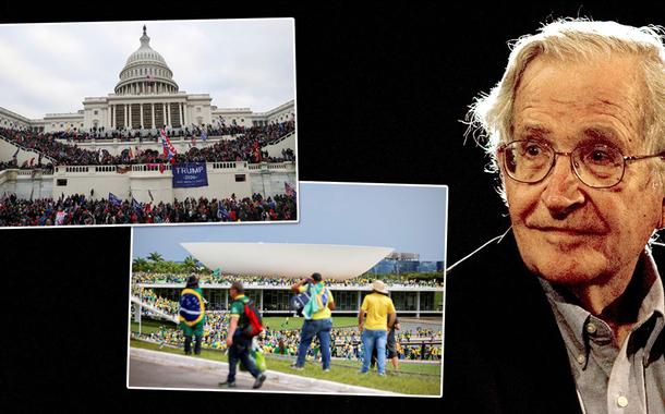 Ataque ao Capitólio, nos EUA (quadrado, em cima), invasões à Praça dos Três Poderes, em Brasília, e o filósofo Noam Chomsky